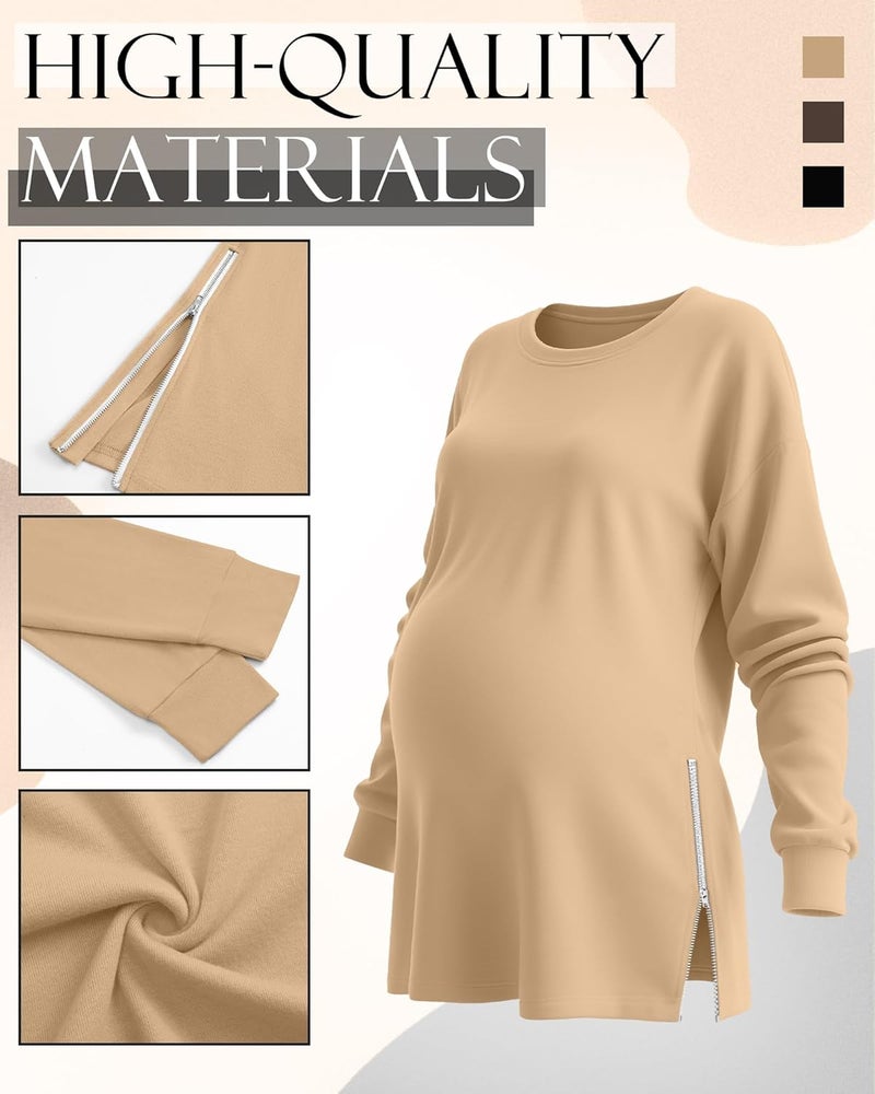 Sweetyweee Store 3 Pack Women's Maternity Shirts Long Sleeve T-Shirts Cotton Zipper Split Side Tops Casual Loose Pregnancy Clothes(Black, Brown, Khaki,Large) - Image 5